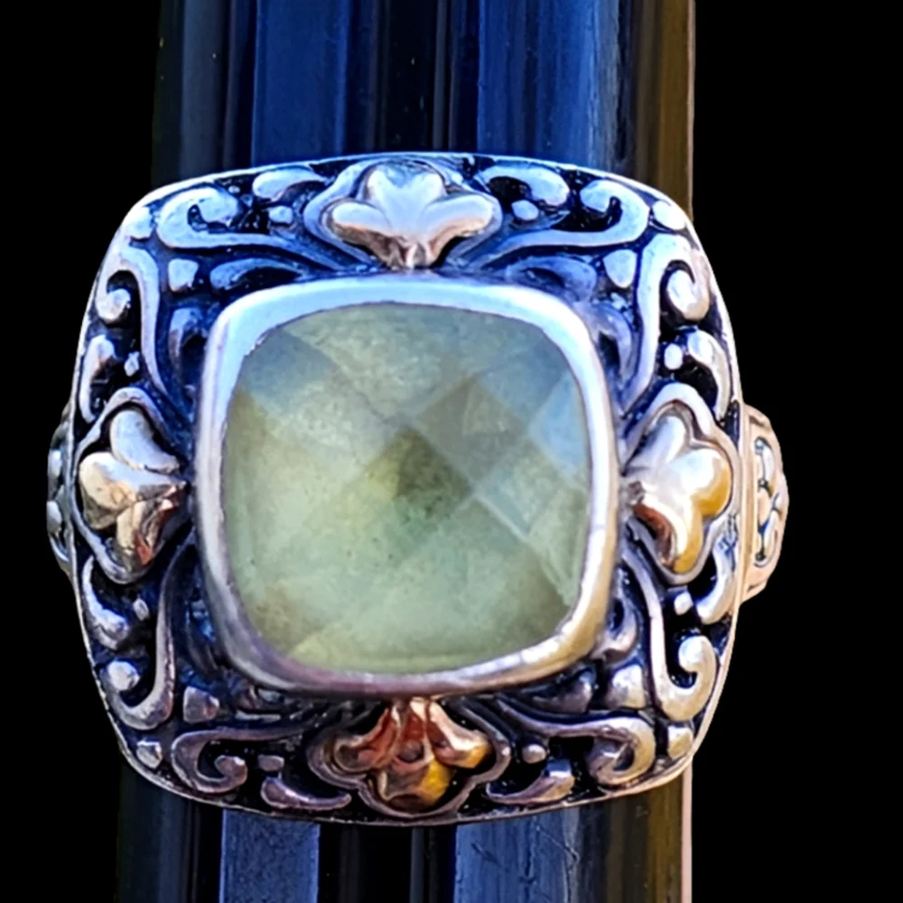 Samuel Benham Sterling Silver & 18k Gold Accents Green Peridot Ring Sz 6.75